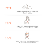 Steps for using IDENEL 🌞 INTENSIVE REPAIR DAILY SUN SERUM: pump, apply, and press for effective absorption.